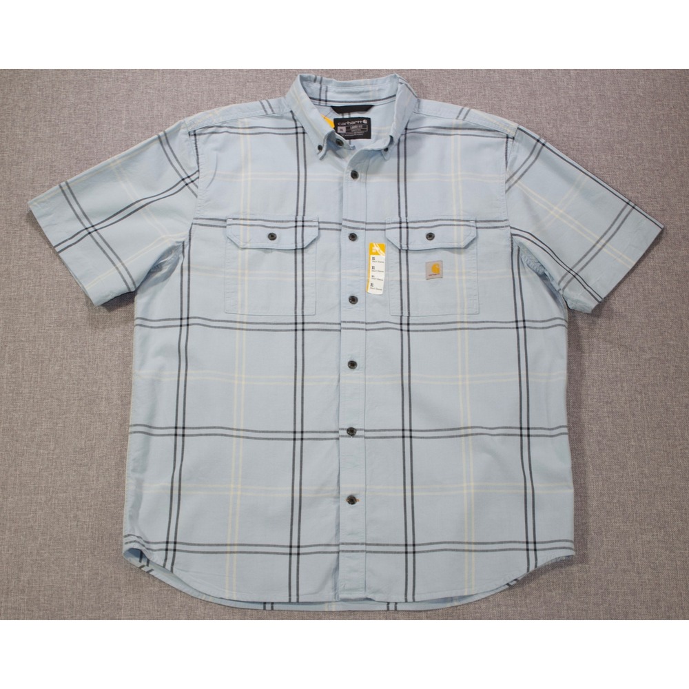 Carhartt Shirt Loose Fit Mens XL Light Blue Plaid Short Sleeve Button Down NWT